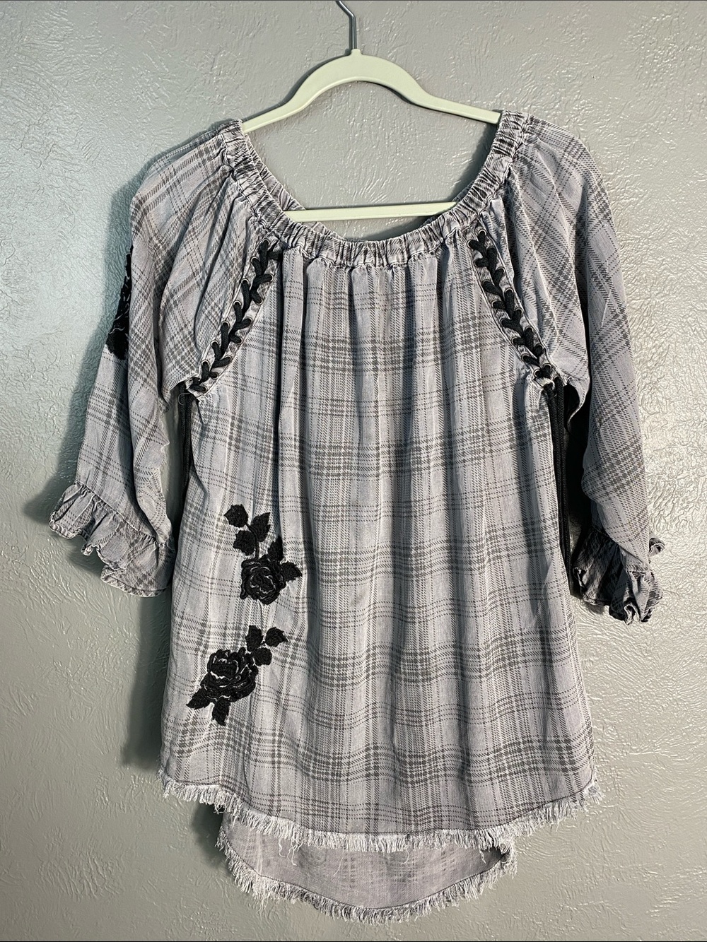 Standard Grace Plaid Peasant Blouse Medium Soft Goth Dark Boho Witchy Embroidery
